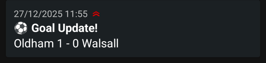 Example notification on phone showing Goal Update! Oldham 1 - 0 Walsall
